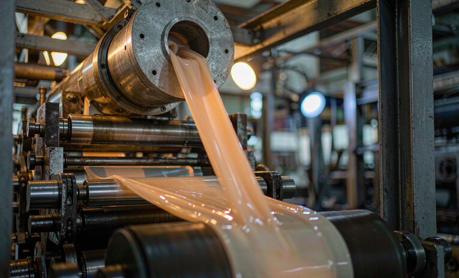 PVC strip emerging from the die head on the extrusion line